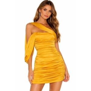 Andrea Iyamah Mustard Yellow One-Shoulder Ruched Mini Dress